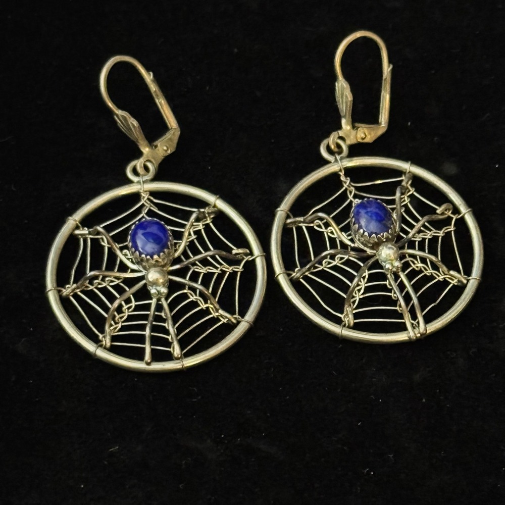 Sterling Silver Lapis Lazuli Spider Web Leverback Earrings 925 Blue Stone